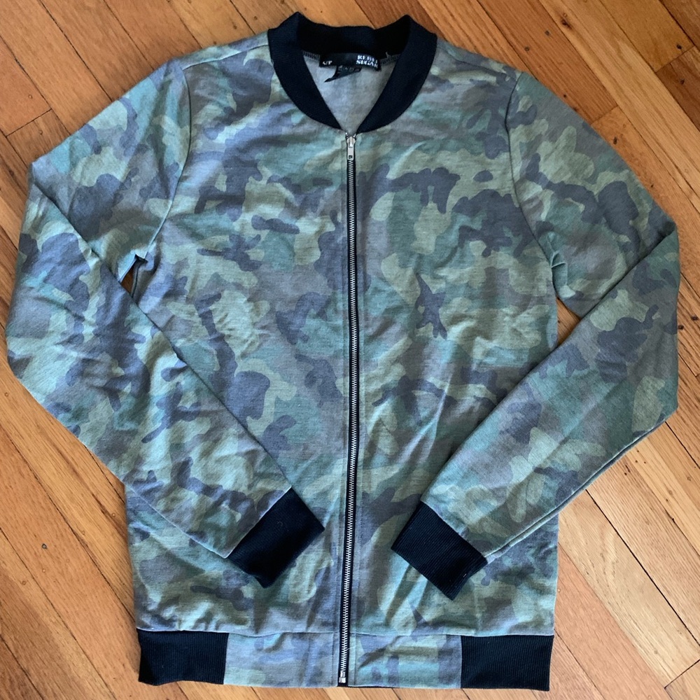 Rebel Sugar Green Camo Bomber Jacket with Black Trim